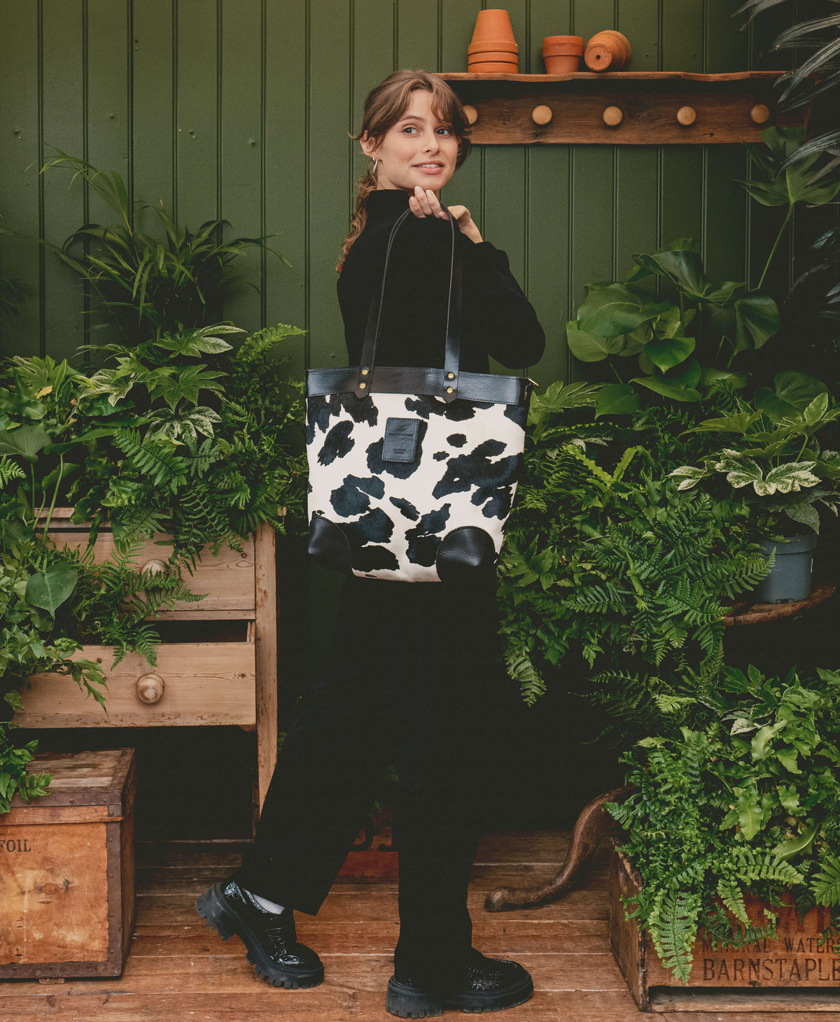 Medium Tote - Black Cow Print - Black Leather - Will Bees Bespoke