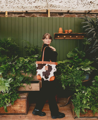 Medium Tote - Brown Cow Print - Tan Leather - Will Bees Bespoke