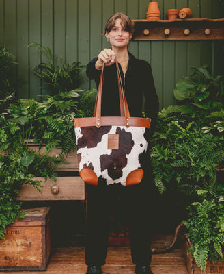 Medium Tote - Brown Cow Print - Tan Leather - Will Bees Bespoke