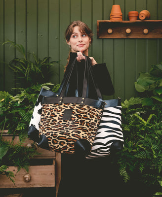 Medium Tote - Leopard Print - Black Leather - Will Bees Bespoke