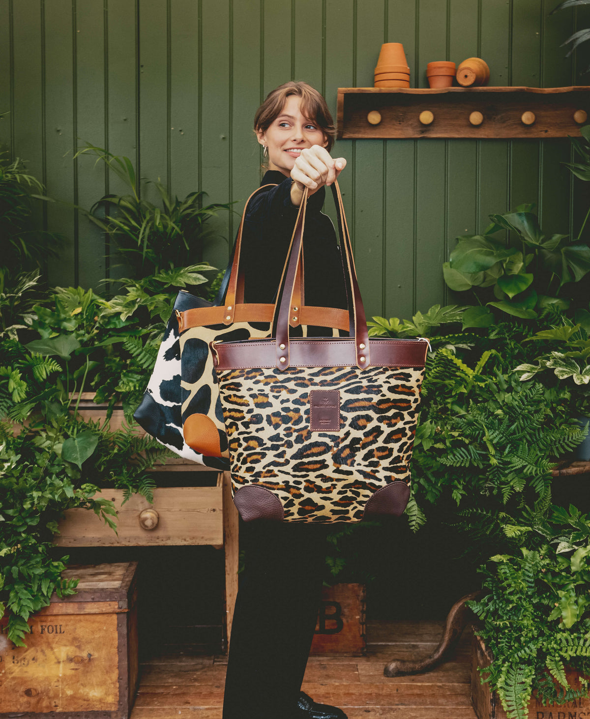 Medium Tote - Black Cow Print - Black Leather - Will Bees Bespoke