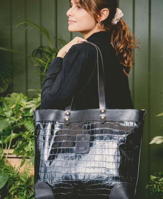Large Tote - Black Croc - Black Leather - Will Bees Bespoke