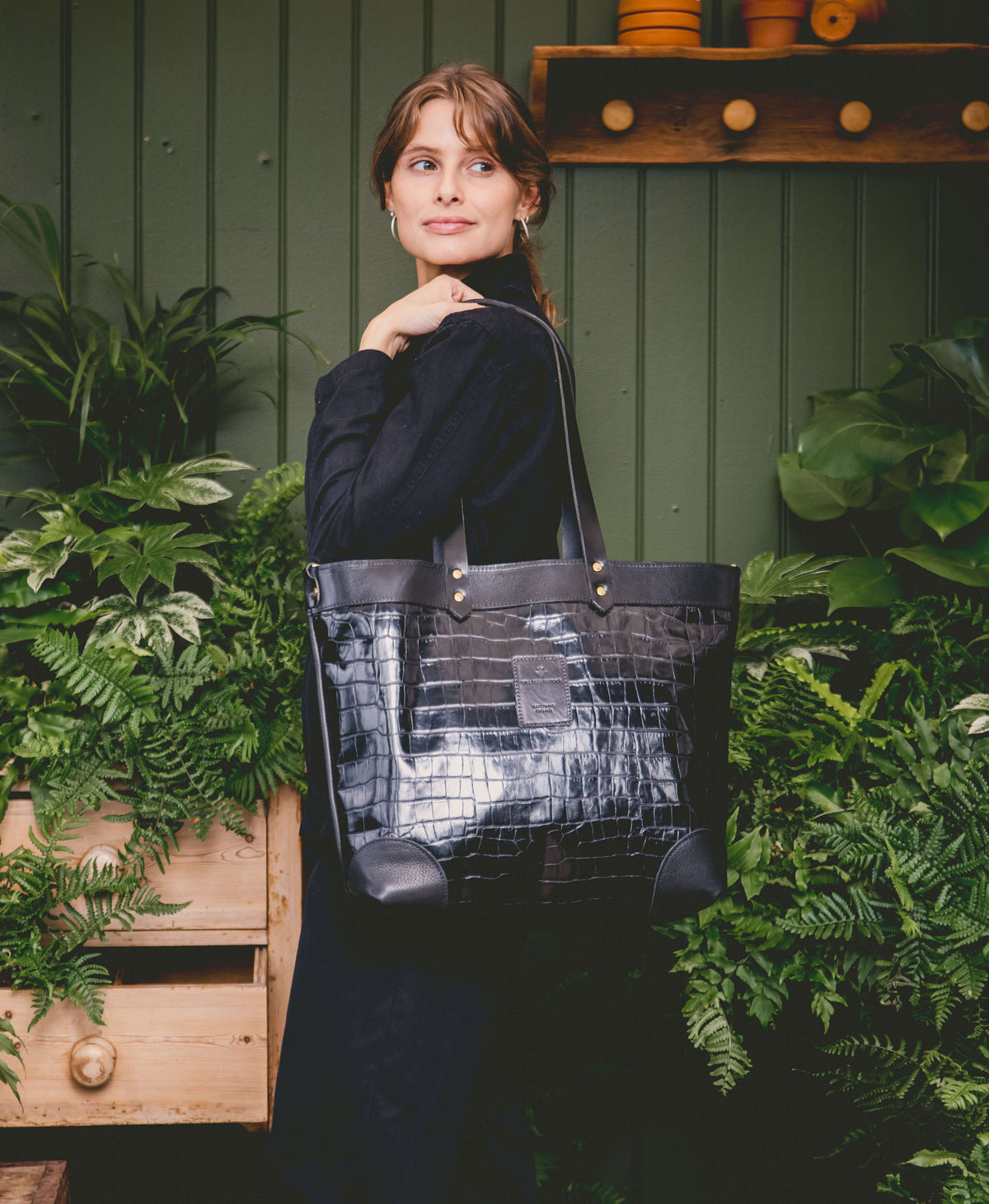 Large Tote - Black Croc - Black Leather - Will Bees Bespoke