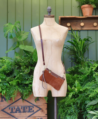 Mini Diana 2 in 1 Clutch - Dark Tan Suede - Brown Leather