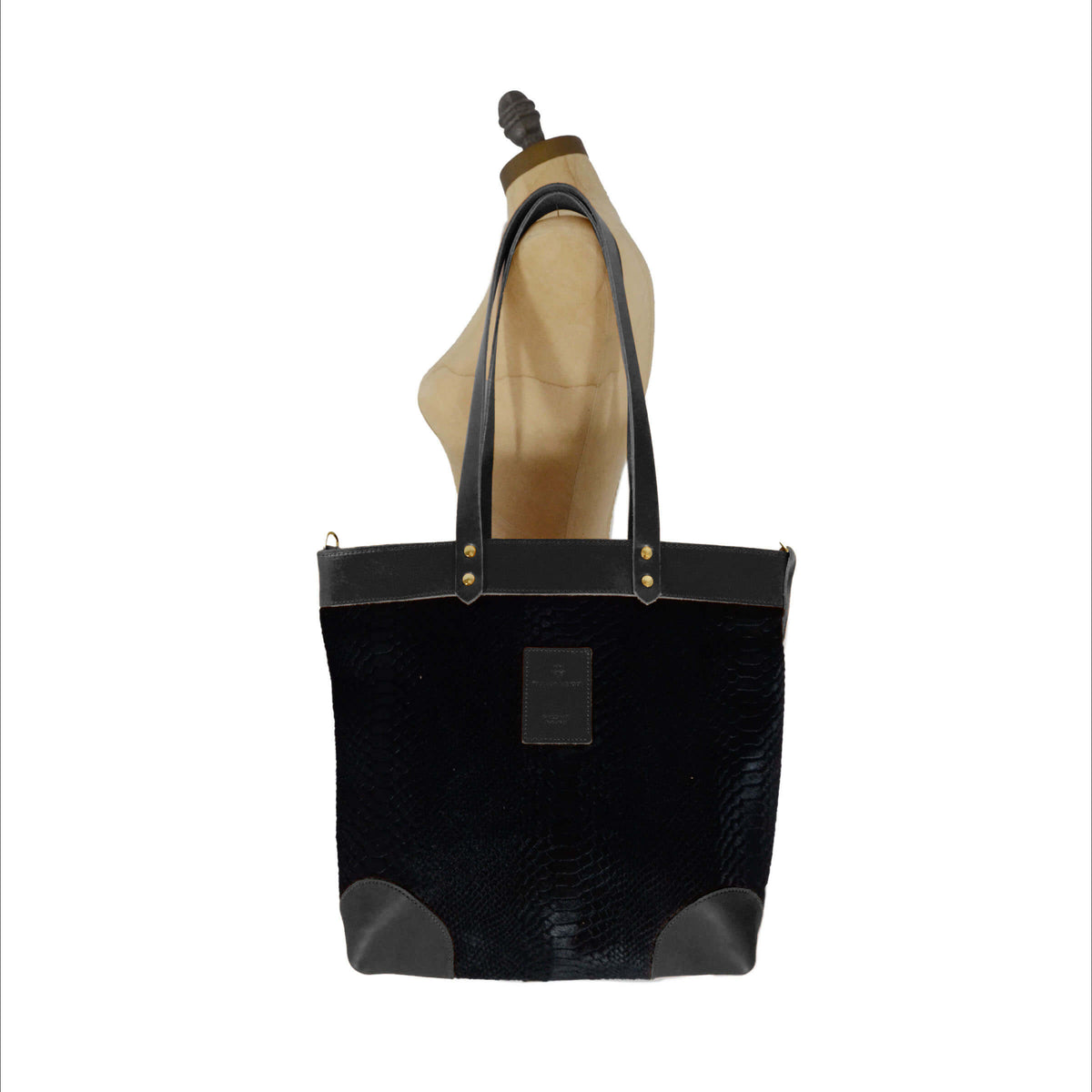 Medium Tote - Black Snake Print - Black Leather - Will Bees Bespoke