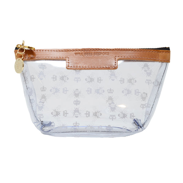 Small Clear Make up Bag with White Pink Bee Print- Personalised
