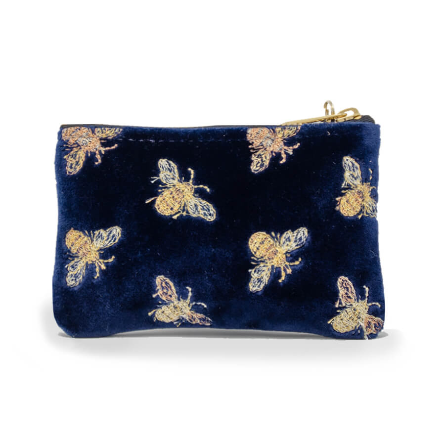 Womens Navy Blue Velvet Embroidered Bee Pattern Jane Coin Purse – Will ...