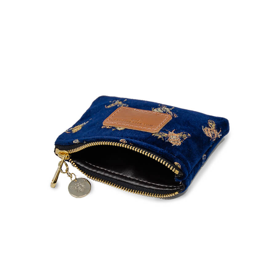 Coin Purse in Navy Velvet with Gold Embroidered Bees - Personalised ...