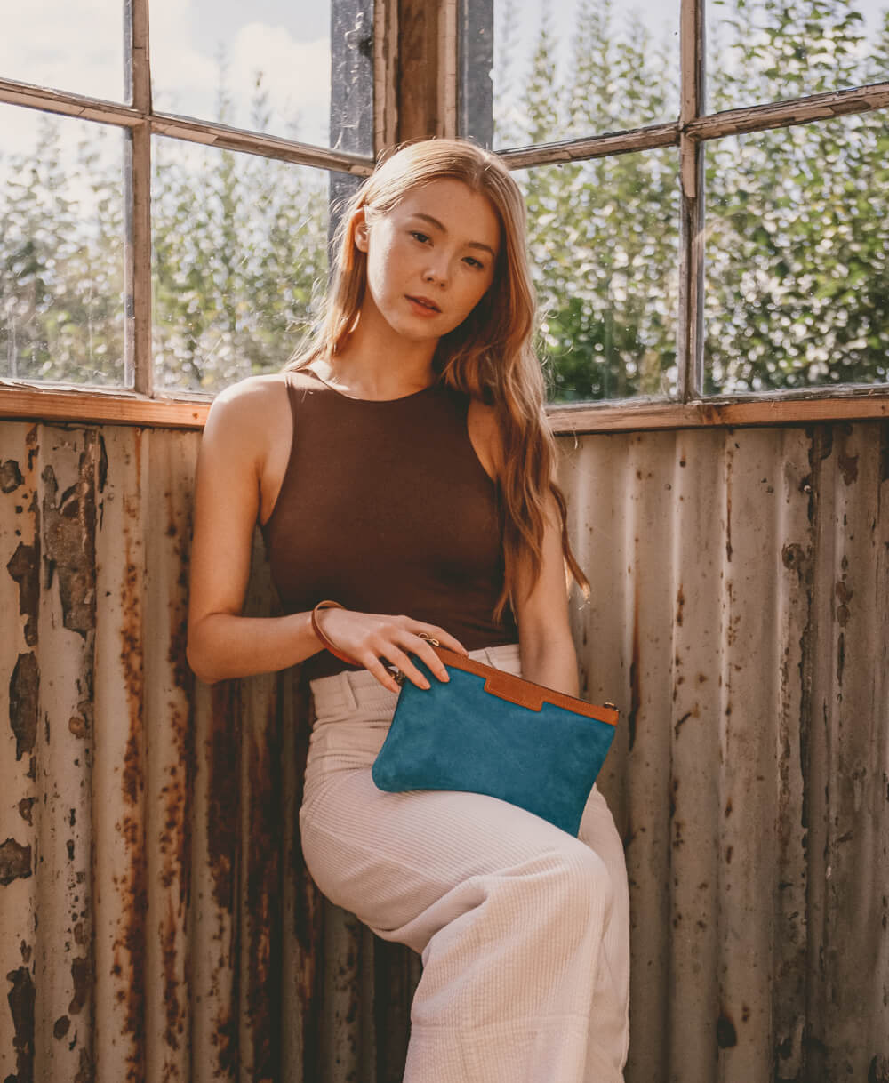 Diana 2 in 1 Clutch - Turquoise Suede - Will Bees Bespoke