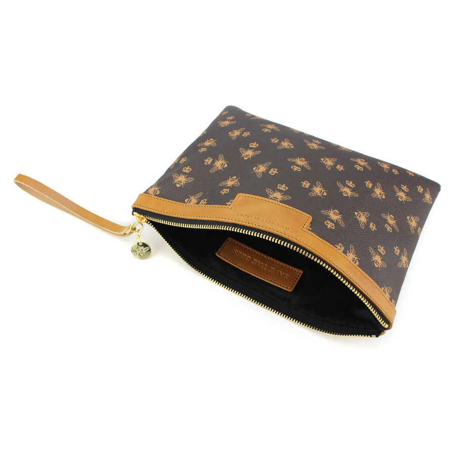 Will Bees Bespoke Signature Charlotte Clutch in Brown Bee Print