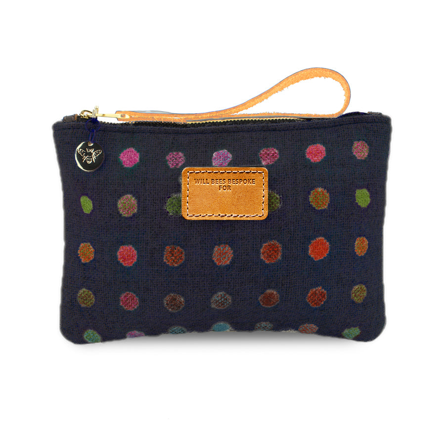 Frances Clutch - Navy Multi Polkadot Tweed - Will Bees Bespoke